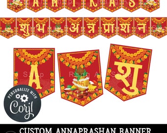 Custom Hindi Annaprashan Banner Red - Personalised Baby's 6 Month First Rice Eating Ceremony -Indian Desi - Digital Download - Edit Yourself