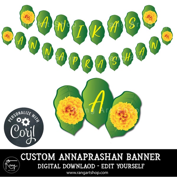 Benutzerdefinierte Annaprashan Banner - Ringelblume und Mangoblatt Toran personalisierte Babys erste Reis essen Zeremonie - bearbeiten Sie sich selbst - Digital Download