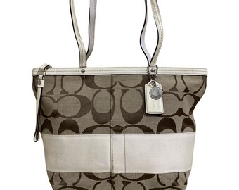 COACH Khaki & White Lurex Stripe SIgnature Zip Top Tote F13548