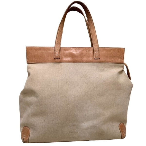 SIGRID OLSEN Large Natural Cotton Canvas Tote w/Brown Leather Trim