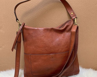 FOSSIL Whiskey Brown Leather North South Convertible AMELIA Bucket Hobo