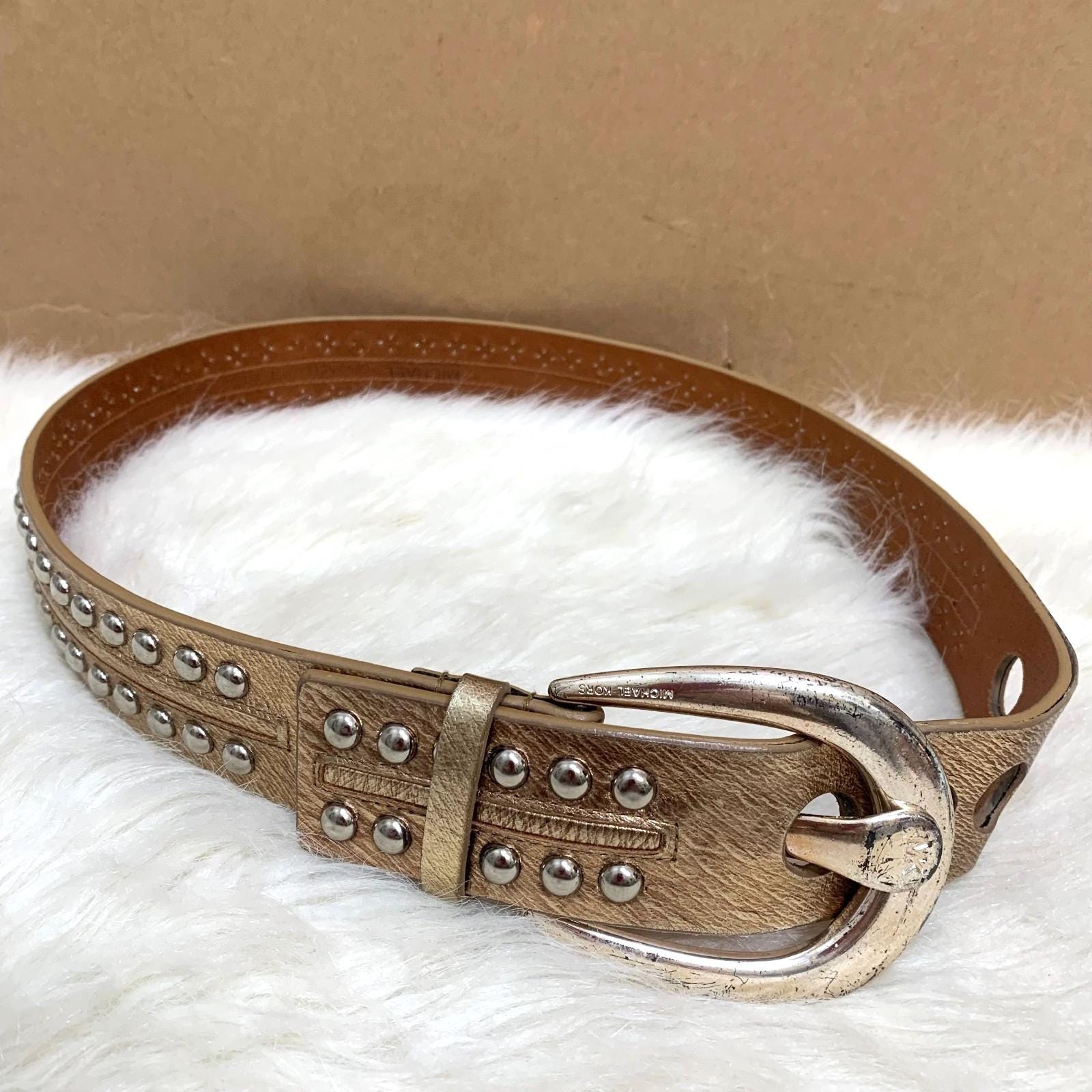 MICHAEL KORS Gold Leather Vintage Studded Belt Silver Buckle 