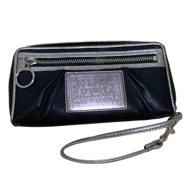 COACH POPPY Vintage Pleated Black & Silver Accordion Zip Wristlet Wallet #42866