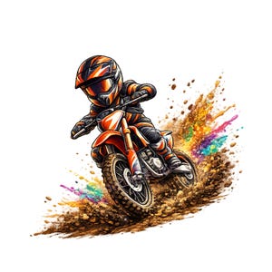 Könnte beinhalten: Eine Comic-Illustration eines Motocross-Fahrers in orange-schwarzer Ausrüstung auf einem orangefarbenen Dirtbike. Das Motorrad wirbelt braunen Schmutz auf, der mit leuchtenden, mehrfarbigen Farbspritzern und Staubpartikeln vermischt ist.