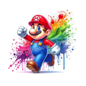 Könnte beinhalten: Eine digitale Illustration von Mario, einer Figur aus der Super Mario-Videospielserie, die nach vorne rennt. Er trägt einen roten Hut mit einem weißen "M", ein rotes Hemd, blaue Latzhosen und braune Schuhe. Bunte Farbspritzer bilden einen lebendigen Hintergrund.