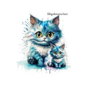 Könnte beinhalten: Aquarellillustration von zwei blau-weißen Katzen mit großen gelben Augen. Die Katzen sitzen nebeneinander, die größere Katze im Hintergrund und die kleinere Katze im Vordergrund. Das Bild hat einen skurrilen, künstlerischen Stil.