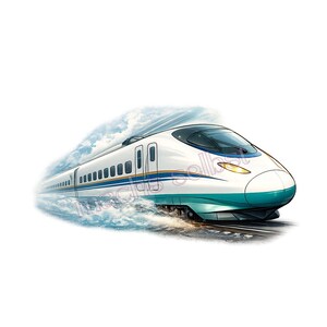 Könnte beinhalten: Digital illustrierter Hochgeschwindigkeitszug, hauptsächlich weiß mit türkisen und blauen Akzenten, der auf einer Strecke fährt. Das Design des Zuges ist schlank und modern und deutet auf schnellen Transport hin. Der Hintergrund zeigt stilisierte Wolken.