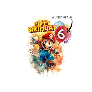 Könnte beinhalten: Aquarell-Illustration von Mario beim Laufen, mit den Worten "Happy Birthday" in Gelb und Rot. Ein roter Ballon mit der Zahl "6" wird von einem schwarzen Pfeil gehalten. Der Hintergrund hat bunte Farbspritzer.