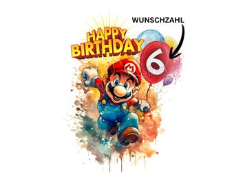 Mario, Bügelbild, Geburtstag, personalisiert, Zahl, einfach & schnell aufgebügelt, Kinder, Junge, DTF, Party, Shirt, Geschenk, KI