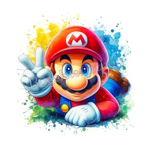 Könnte beinhalten: Aquarell-Illustration von Mario, der ikonischen Videospiel-Figur, die das Peace-Zeichen zeigt. Er trägt einen roten Hut mit einem weißen "M", ein rotes Hemd, blaue Latzhosen und weiße Handschuhe. Der Hintergrund zeigt bunte Farbspritzer.