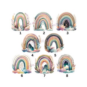 Könnte beinhalten: Eine Sammlung von acht Aquarell-Regenbogen-Designs. Jeder Regenbogen hat eine einzigartige Farbpalette, darunter Blau-, Grün-, Gelb- und Rosatöne. Einige Designs enthalten florale und wolkige Akzente, die eine skurrile Ästhetik schaffen.