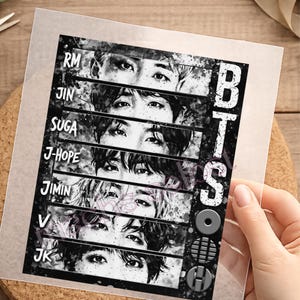 Könnte beinhalten: Ein rechteckiger Druck mit einer schwarz-weißen Collage im Aquarellstil aus sieben Augenpaaren, die jeweils mit den Namen RM, JIN, SUGA, J-HOPE, JIMIN, V und JK beschriftet sind. Der vertikale Text BTS ist auf der rechten Seite aufgedruckt.