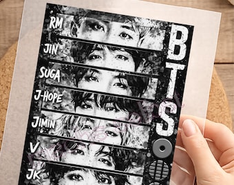 BTS, Bügelbild, einfach aufbügeln, Kinder, Mädchen, K POP, Band,Fan, Comic, Shirt Design, Gesichter, Schwarz/ Weiß, KI, CS096