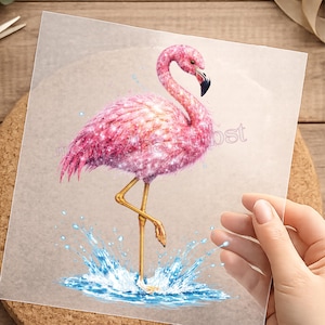 Könnte beinhalten: Illustration eines rosa Flamingos mit schwarzem Schnabel und goldenen Beinen, der in Wasser mit blauen Spritzern steht. Der Flamingo befindet sich auf einem transparenten Blatt. Das Bild hat den Text "m.seobst".