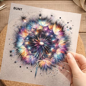 Könnte beinhalten: Ein quadratisches Blatt mit einer lebendigen, mehrfarbigen Löwenzahn-Illustration mit leuchtenden, sternartigen Akzenten und dem Wort BUNT in der oberen linken Ecke. Das Kunstwerk zeigt ein Spektrum aus violetten, blauen, orangen und gelben Farbtönen.
