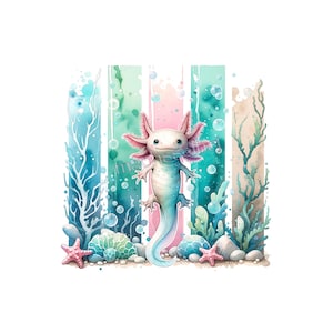 Könnte beinhalten: Eine Illustration eines weißen und rosafarbenen Axolotls vor vertikalen Aquarellstreifen in Blau-, Grün- und Rosatönen. Die Szene zeigt Wasserpflanzen, kleine Blasen, zwei rosafarbene Seesterne und abgerundete Steine auf einem sandigen Untergrund.