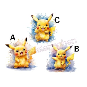 Könnte beinhalten: Drei Aquarellillustrationen von Pikachu, einem gelben Pokémon-Charakter. Jedes Pikachu hat eine andere Pose, vor einem Hintergrund aus blauen und gelben Aquarellspritzern. Die Illustrationen sind mit A, B und C beschriftet.