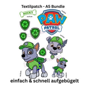 Könnte beinhalten: Eine Sammlung von Bügelflicken mit Charakteren und Logos der Zeichentrickserie Paw Patrol. Enthält Rocky, das Paw Patrol-Logo und Recycling-Symbole. Der größte Flicken misst ca. 9 cm.