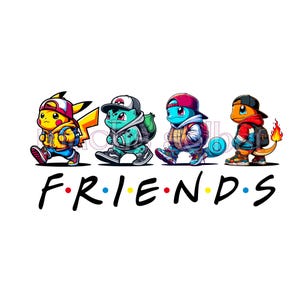 Könnte beinhalten: Grafik mit vier Zeichentrickfiguren, die jeweils einen Hut und einen Rucksack tragen und in einer Reihe gehen. Das Wort "FRIENDS" steht darunter in einer bunten Schriftart. Die Charaktere sind gelb, grün, blau und orange.