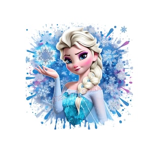 Könnte beinhalten: Digitale Illustration einer Figur mit blonden Zöpfen, die ein blaues Kleid trägt. Die Figur hält eine Schneeflocke, mit einem blau-weißen Aquarellhintergrund.