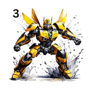 Könnte beinhalten: Aquarell-Illustration eines gelb-schwarzen Roboters mit blauen Akzenten, in dynamischer Pose. Der Roboter hat große Flügel und ist von grauen und weißen Farbspritzern umgeben. Die Zahl "3" befindet sich in der oberen linken Ecke.