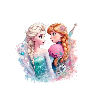Könnte beinhalten: Aquarellillustration von Elsa und Anna aus Frozen. Elsa hat blondes Haar in einem Zopf, trägt ein türkisfarbenes Kleid. Anna hat rotes Haar in einem Zopf, trägt einen rosa Umhang. Das Bild hat eine weiche, verträumte Ästhetik.