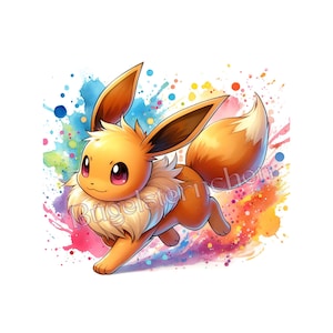 Könnte beinhalten: Illustration von Evoli, einem Pokémon-Charakter, in einer Laufpose. Das Kunstwerk zeigt einen Aquarellstil mit lebendigen Farbspritzern in Blau, Rosa, Gelb und Orange. Evoli wird mit orangefarbenem Fell, großen Ohren und einem flauschigen cremefarbenen Hals dargestellt.