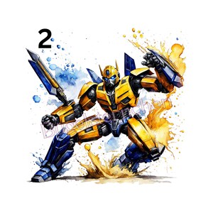 Könnte beinhalten: Aquarellillustration eines gelb-blauen Roboters in dynamischer Pose, mit Farbspritzern in Gelb und Blau. Der Roboter hat ein detailliertes Design mit sichtbaren mechanischen Teilen. Die Zahl "2" befindet sich in der oberen linken Ecke.