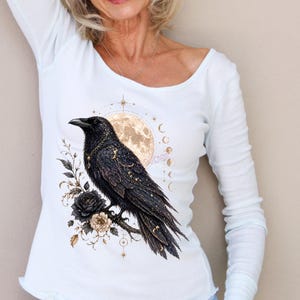 Bügelbild, einfach aufbügeln, Krähe, Krafttier, Gothic, edel, Blumen, Mädchen, Damen, Geschenk, Shirt Design, Accessoire, Aufbügler