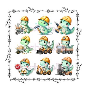 Könnte beinhalten: Eine Sammlung von neun Cartoon-Dinosauriern in Bauarbeiterkleidung. Jeder Dinosaurier trägt einen gelben Helm und ist mit verschiedenen Bauaktivitäten beschäftigt, wie z. B. der Verwendung von Werkzeugen und dem Fahren von Fahrzeugen. Die Dinosaurier sind grün mit weißen Bäuchen.
