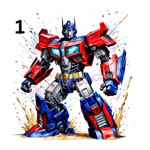 Könnte beinhalten: Aquarellillustration von Optimus Prime, einem roten, blauen und silbernen Roboter. Das Bild zeigt die Zahl 1 in der oberen linken Ecke und farbenfrohe Farbspritzer. Der Roboter befindet sich in einer stehenden Pose.