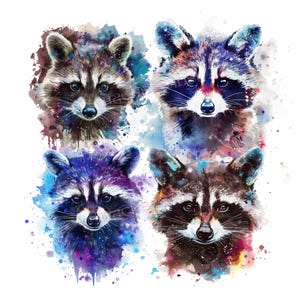 Könnte beinhalten: Eine digitale Illustration mit vier Waschbären-Porträts in einem Raster. Jeder Waschbär ist in einem lebendigen Aquarellstil mit Spritzern in Blau, Lila, Braun und Schwarz dargestellt, wobei die markanten Gesichtsmasken und das Fell betont werden.