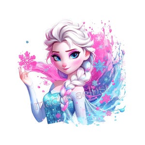 Könnte beinhalten: Eine digitale Illustration einer Figur mit platinblondem Haar in einem seitlichen Zopf, die ein blaues Kleid trägt, umgeben von rosa und blauen Farbspritzern und Schneeflocken, mit dem Text machs selbst in hellgrauer Schrift.