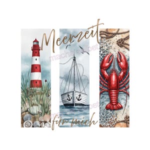 Könnte beinhalten: Aquarell-Illustration mit einem rot-weiß gestreiften Leuchtturm, einem Segelboot mit Ankerdetails und einem leuchtend roten Hummer. Der Text "Meerzeit für mich" ist in goldener Schrift gehalten und erinnert an ein maritimes Thema.
