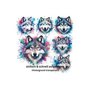 Könnte beinhalten: Eine Ansammlung von Aquarellporträts von Wölfen mit blauen, rosa und lila Akzenten. Jeder Wolf hat detailliertes Fell und stechende blaue Augen. Der Text "einfach & schnell aufgebügelt Hintergrund transparent" ist enthalten.
