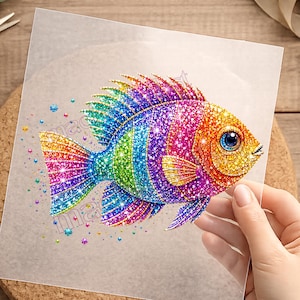 Könnte beinhalten: Ein Diamant-Malerei-Aufkleber, der einen farbenfrohen Fisch mit einem Regenbogenverlauf aus funkelnden Strasssteinen zeigt. Das Fischdesign präsentiert ein Spektrum aus gelben, orangen, pinken, violetten, blauen und grünen Farbtönen, akzentuiert durch kleine sternförmige Edelsteine auf einer transparenten Klebefolie.