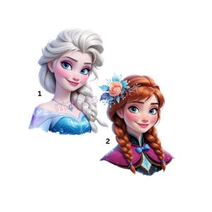 Könnte beinhalten: Zwei digitale Illustrationen animierter Figuren. Figur 1 hat platinblondes Haar in einem seitlichen Zopf, blaue Augen und ein blaues Kleid. Figur 2 hat kastanienbraunes Haar in zwei Zöpfen, blaue Augen, ein Blumen-Haaraccessoire und einen magentafarbenen Umhang.