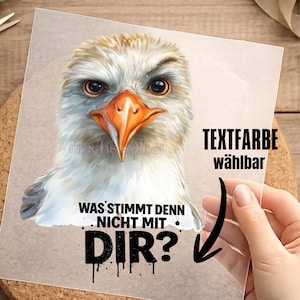 Könnte beinhalten: Eine transparente Folie mit einer Gänse-Illustration, die detaillierte Federn und einen orangefarbenen Schnabel zeigt. Der Text auf der Folie lautet "WAS STIMMT DENN NICHT MIT DIR?" und "TEXTFARBE wählbar".