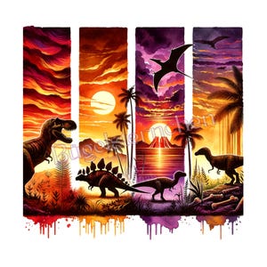Könnte beinhalten: Aquarellillustration von Dinosauriern in einer Sonnenuntergangsszene. Ein T-Rex, Stegosaurus und andere Dinosaurier sind mit Palmen und einem Vulkan dargestellt. Der Hintergrund zeigt lebendige Orange-, Lila- und Rottöne.