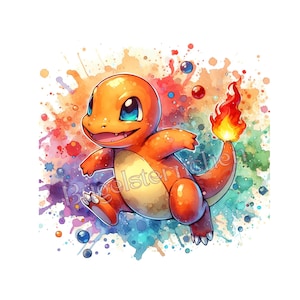 Könnte beinhalten: Orangefarbene Charmander-Illustration mit flammendem Schwanz, vor einem lebendigen Aquarellhintergrund aus Blau-, Rot- und Grüntönen. Die Zeichentrickfigur lächelt, hat blaue Augen und eine verspielte Pose. Ein farbenfrohes und fröhliches Design.
