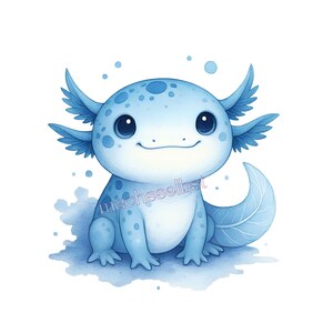 Könnte beinhalten: Aquarellillustration eines hellblauen Axolotls mit großen, ausdrucksstarken Augen und federartigen Kiemen. Der Axolotl hat einen gefleckten Kopf und einen lächelnden Ausdruck. Das Bild hat eine weiche, skurrile Anmutung mit einem Aquarellwascheffekt.
