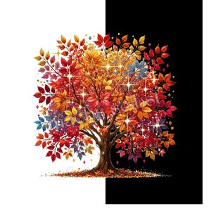 Könnte beinhalten: Eine digitale Illustration eines Baumes mit leuchtenden Herbstblättern in Rot-, Orange- und Gelbtönen, mit funkelnden sternförmigen Glanzlichtern in der Baumkrone. Der Baum ist vor einem geteilten weiß-schwarzen Hintergrund platziert.