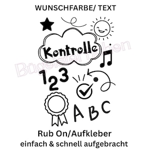 Könnte beinhalten: Schwarz-weiße Grafik mit verschiedenen Symbolen, darunter ein Stern, eine Wolke mit dem Wort "Kontrolle", eine Musiknote, Zahlen, ein Häkchen, ABC-Buchstaben und ein Band. Der Text oben lautet "WUNSCHFARBE/ TEXT" und unten "Rub On/Aufkleber einfach & schnell aufgebracht".