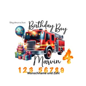 Könnte beinhalten: Digitale Illustration eines roten Feuerwehrautos mit den Worten "Birthday Boy" und "Marvin". Ein blauer Ballon, eine Geburtstagstorte und verpackte Geschenke sind ebenfalls enthalten. Die Zahl 4 steht in Flammen, darunter weitere Zahlen.