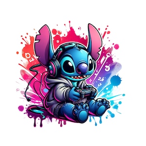 Könnte beinhalten: Ein blauer Zeichentrickcharakter mit großen Ohren, der Kopfhörer und einen Kapuzenpullover trägt und einen Gamecontroller hält. Die Figur ist vor einem farbenfrohen Hintergrund aus rosa, blauen und lila Farbspritzern platziert. Das Bild hat einen verspielten, digitalen Kunststil.