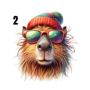 Könnte beinhalten: Digital erstelltes Bild eines Capybaras mit roter Sonnenbrille und einer rot, grün und blau gestreiften Mütze mit grünem Bommel. Das Capybara hat braunes Fell und eine große Nase. Die Zahl "2" befindet sich in der oberen linken Ecke.