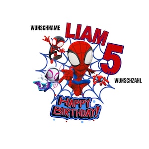 Könnte beinhalten: Ein Grafikdesign mit drei Zeichentrickfiguren im Spinnen-Stil in Rot, Blau, Schwarz und Weiß, zentriert auf einem blauen Spinnennetz. Der Text lautet LIAM 5, WUNSCHNAME, WUNSCHZAHL und HAPPY BIRTHDAY in fetter, farbenfroher und stilisierter Schrift.