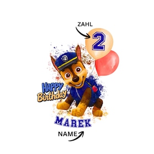 Könnte beinhalten: Cartoon-Bild eines Hundes in Polizeiuniform, der zwei Ballons hält. Ein Ballon hat die Zahl 2. Die Wörter "Happy Birthday" und "Marek" sind ebenfalls im Bild.