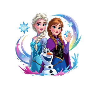 Könnte beinhalten: Eine digitale Illustration von Elsa und Anna aus Frozen, mit Olaf dem Schneemann. Elsa trägt ein blaues Kleid mit einem langen Zopf, Anna einen lila Umhang und ein blaues Kleid. Olaf hat eine Karottennase. Der Hintergrund hat blaue und rosa Wirbel und Schneeflocken.