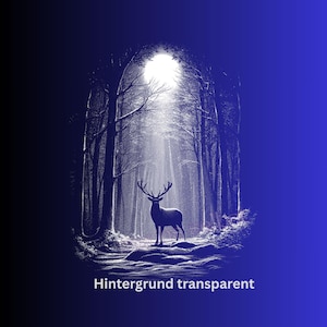 Könnte beinhalten: Eine grafische Illustration, die die Silhouette eines Hirsches zeigt, der in einer Waldlichtung unter einem hellen Vollmond steht. Die Szene ist in Blau- und Weißtönen gehalten, wobei hohe Bäume die zentrale Figur und Lichtstrahlen einrahmen.